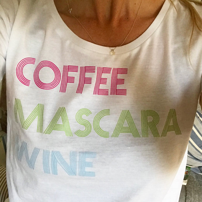Coffee, mascara, wine neon on white tee