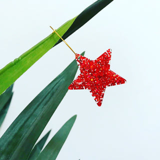 Red glitter star hoop earrings