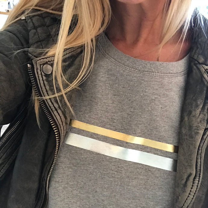 Gold & silver stripes on light grey sweatshirt