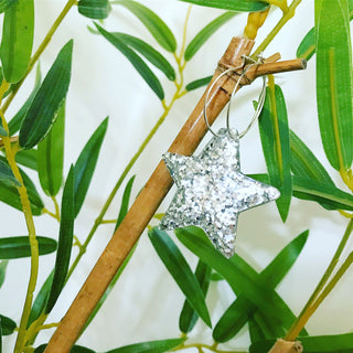 Large silver glitter star hoop earrings