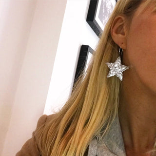 Large silver glitter star hoop earrings