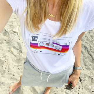 Retro rainbow camera on white tee