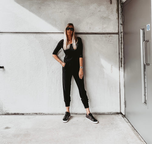 Long sleeved BLACK jumpsuit with pockets