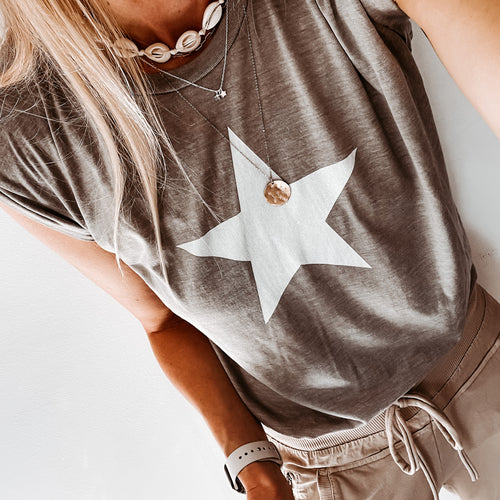 Taupe white star rolled cuff flowy tee *relaxed fit*