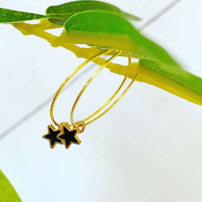 Tiny black & gold star hoop earrings