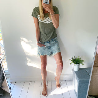 Khaki tee with white chevron *pre-loved*