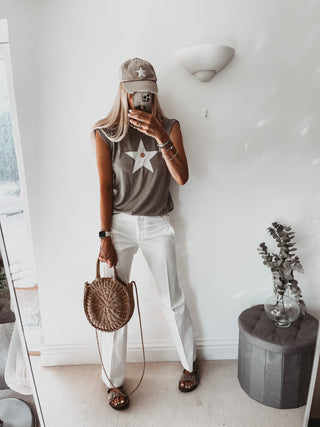 Taupe white star rolled cuff flowy tee *relaxed fit*