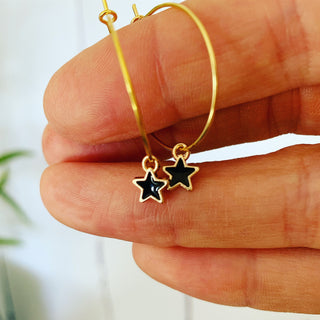 Tiny black & gold star hoop earrings