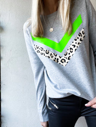 Neon green & leopard double chevron sweatshirt