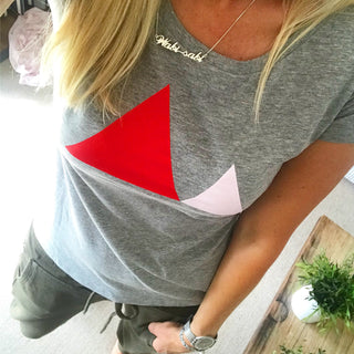 Red & pink triangles on a grey tee