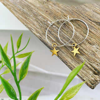 Gold star silver hoop earrings