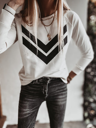 Vintage white sweatshirt with double black chevrons *relaxed style*