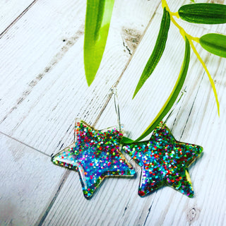 Multicolour glitter large star hoop earrings