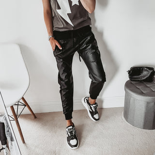 Black faux leather ULTIMATE joggers with cotton side panels