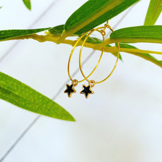 Tiny black & gold star hoop earrings