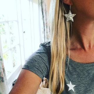 Large silver glitter star hoop earrings