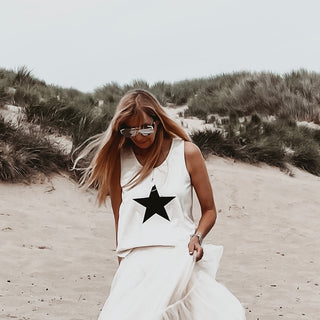 Black star on vintage white IBIZA tank top *relaxed fit* BACK IN STOCK!