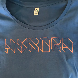Neon orange Aurora triangle font on denim blue tee