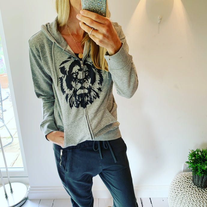 Grey zip hoody with lion (size 12-14)