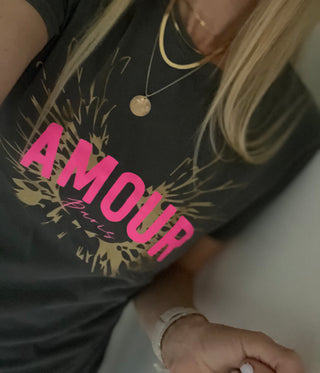 Vintage washed neon pink & gold AMOUR charcoal tee *boyfriend fit* *BACK IN STOCK*
