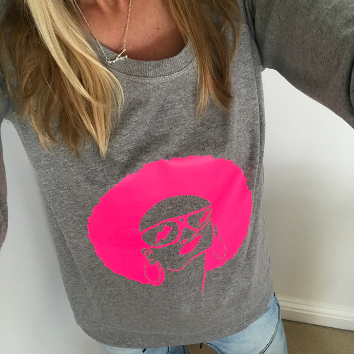 Neon pink face on grey sweat (M)
