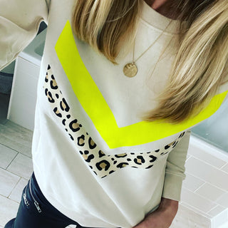 Neon yellow & leopard double chevron natural sweatshirt *relaxed fit*