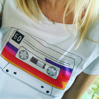 Retro rainbow camera on white tee