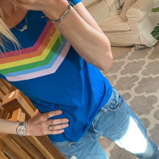 Rainbow chevron on bright blue tee (medium size 12)