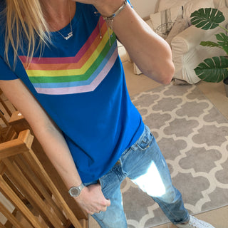 Rainbow chevron on bright blue tee (medium size 12)