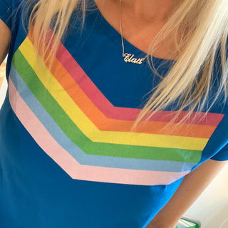 Rainbow chevron on bright blue tee (medium size 12)