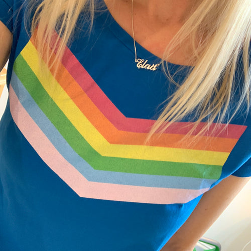 Rainbow chevron on bright blue tee (medium size 12)